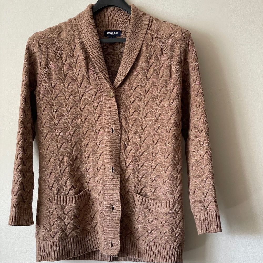 Lands End Drifter Cotton Cable-Knit Cardigan Fisherman sweater Coastal grandma M